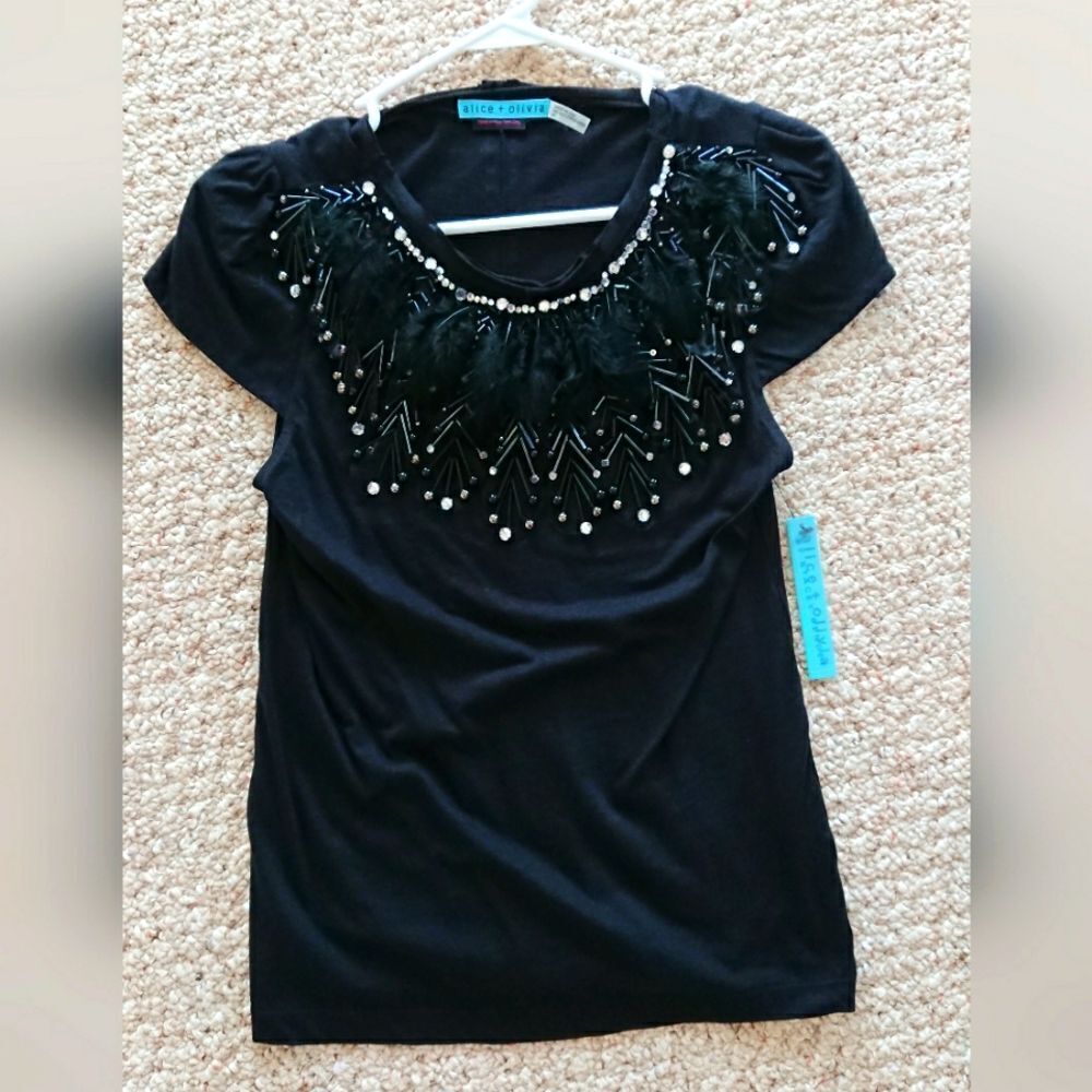 Alice + Olivia Feather Embellishment Mesh Detailed top